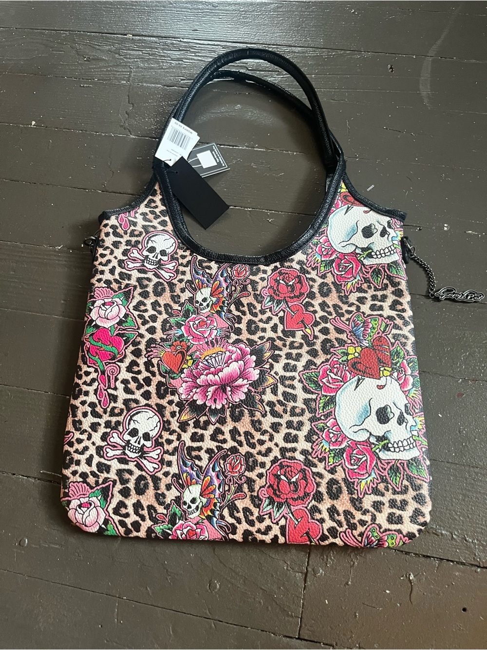 Ed Hardy Leopard Tattoo Skull Rose Tote in Black, Pink, Red, White